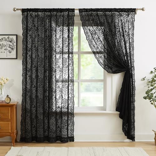 Abstractex Lace Net Sheer Curtains 90 Inches Long Black Floral Leaf Knitted Vine Vintage Light Filtering Embroidery Window Treatment for Girls Bedroom Living Room, Rod Pocket 58 W