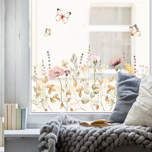 Wandtattoo Loft Fensterbilder Frühling Blumenwiese mit Schmetterling Motiv – A3 Bogen, Wiederverwendbar – Frühlingsdeko Fenster, Frühlingsbild Fenster, Fensterdeko Frühling, Fensterfolie Frühling