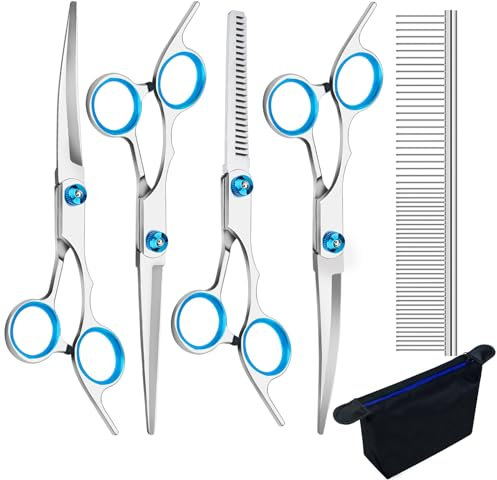 6-Piece Professional Dog Grooming Scissors Set - Curved, Round Tip, Stainless Steel, Pet Hair Trimming Scissors with Storage Bag