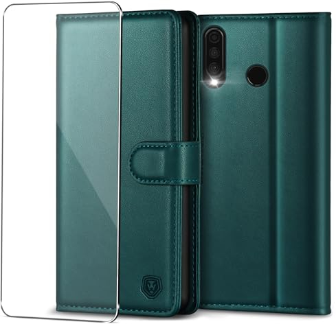 Kuafcase Funda para Huawei P30 Lite – Funda con tapa con cristal blindado, cartera, soporte, imán, verde