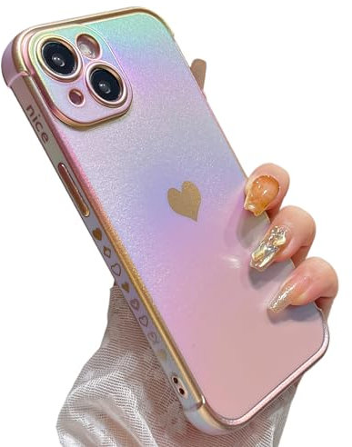ZTOFERA Compatible with iPhone 15 (6.1) Case for Girls Women, Luxury Fluorescent Iridescent Matte Silicone Case with Cute Love Heart Pattern Plated Rim Shockproof Cover, Iridescent Purple