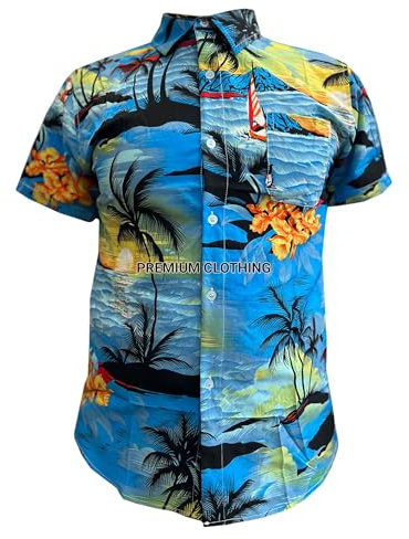 look now Mens Hawaiian Shirt STAG DO Palm Tree Aloha Holiday Beach Summer Fancy Party (UK, Alpha, M, Regular, Regular, C72 - Blue)