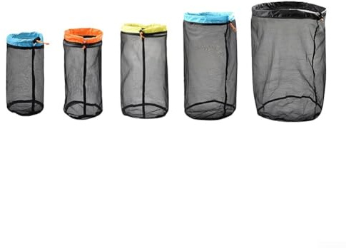 Outdoor Camping Mesh Storage Bag, Travel Clothing Drawstring Bag, Down Sleeping Bag Compression Bag Black Five Piece Set(black s)