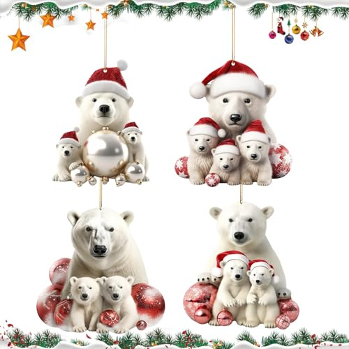 4Pcs Weihnachtsbär hängende Ornamente, Niedlicher Bär Familie Weihnachtsbaumschmuck Acryl Eisbär Anhänger Ornament mit Strings Festliche Handwerk Geschenk für Home Decor, Auto hängende Zubehör