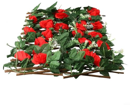 Clôture télescopique en bois, treillis extensible avec feuilles de vigne artificielles, parfait pour balcon et mur (rouge)