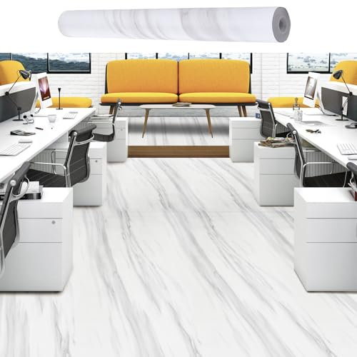 Warmiehomy Floor Tiles Self Adhesive Vinyl Flooring,60cmX10m Peel and Stick Waterproof Flooring Tiles Roll for Bedroom Living Room Kitchen Floor (White-Marble)