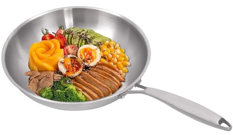 Profi Pfanne Bratpfanne Edelstahl 30 cm Induktion, Edelstahlpfanne unbeschichtet, Wok Pfanne mit Deckel für Gas-, Induktions- und Glaskeramikkochfeldern, Silber