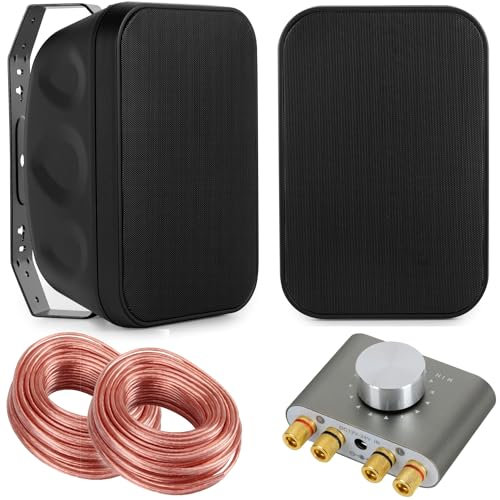 McGrey OLS-651BK Zwei-Wege HiFi Outdoor-Lautsprecher - 60 Watt - Schwarz - mit Bluetooth Set - inklusive Mini-HiFi-Verstärker und Lautsprecherkabel