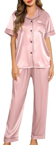 Lovasy Pyjama Satin Femme Short Ensemble Pyjamas Manches Courtes Chemises de Nuit Sexy Chic Ete 2 Pièces Vêtements de Nuit en Soie Boutonnée, Y-Rose Chair L