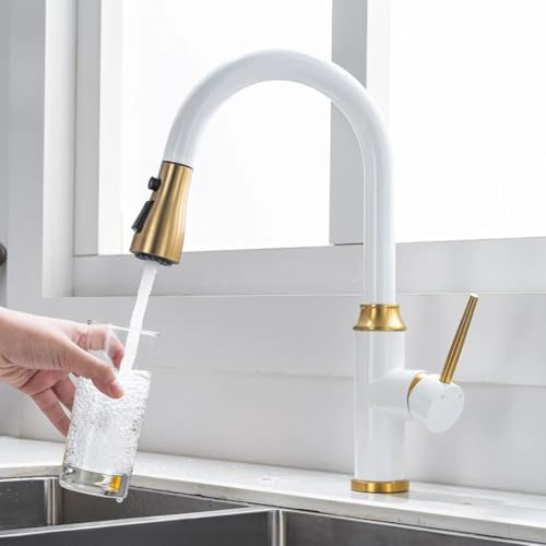 Rubinetto Cucina Rubinetto Lavello Con Doccetta Estraibile, 2 Modalità, Stile Moderno Girevole A 360 ° Monocomando Ottone Miscelatore Cucina, Rubinetto Lavello Cucina, Bianco