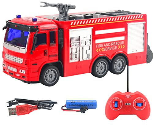 Jouet De Camion De Pompier Télécommandé pour Enfants De 3 à 8 Ans, avec des Lumières Clignotantes Et des Sons D'Alarme, Plate-Forme élévatrice, Arroseur, (Camion de Pompiers de