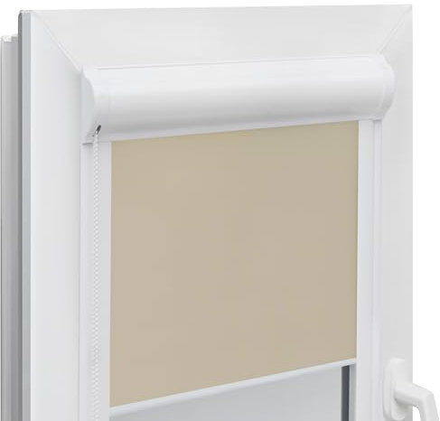Voppi Kassettenrollo innen beige Thermo Verdunkelung mit Kettenspanner 117x150 Classic glatt Selbstmontage Einfache Fenstermontage