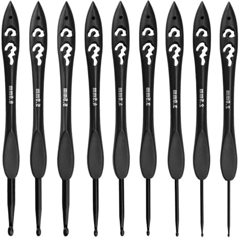 9 Stück Vintage Schwarz Häkelnadel set- Ergonomische Extra Lange Häkelnadel mit Leicht Kunststoffgriff für Arthritische Hände, Strickbegeisterte und Anfänger (2-6 mm)