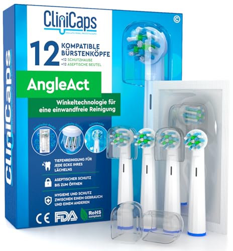 12 Aufsteckbürsten Zahnbürstenköpfe Kompatibel mit Oral-B Zahnbürsten Abgewinkelte Borsten für Tiefenreinigung CliniCaps AngleAct Doppelter Aseptischer Schutzbeutel und Schutzkappe
