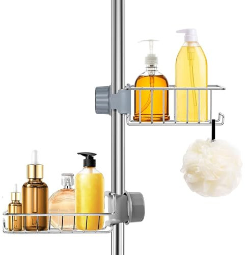 Porte Savon Douche sans Percage, Support Savon Douche 2 Pièces, Serviteur de Douche pour Barre de Douche, Support Savon Gel pour Tringle 18–27mm, Porte Savon Barre Douche Porte Shampoing INOX