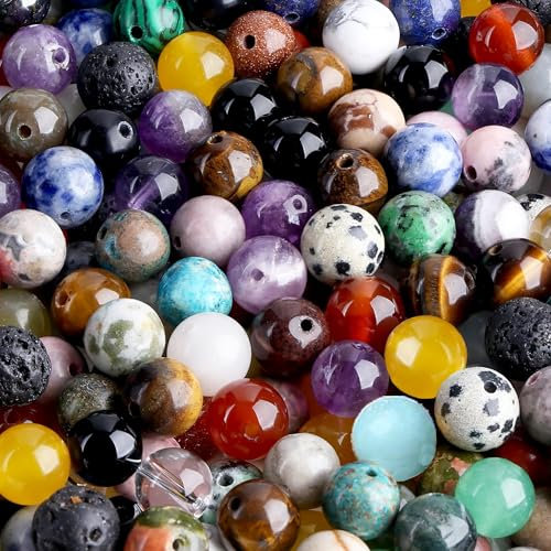 QINJIEJIE Naturstein Perlen 50 Stück 8mm Kristalle Edelstein Perlen zum Basteln mit Loch Edelsteine zum Auffädeln Beads Mehrfarbig Basteln Perlen für Armbänder Erwachsene DIY