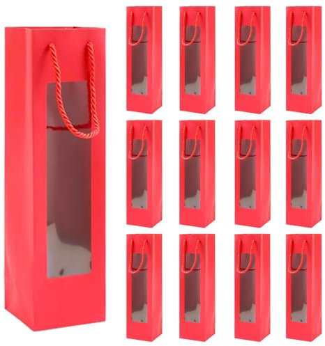 Sacchetto Regalo per Vino, 12pz Sacchetti Regalo per Vino con Finestra Trasparente, Organizzatore per Vino Kraft, Con Manici, Borsa da Vino per Bottiglia Singola in Carta Kraft, Per Matrimoni(Rosso)