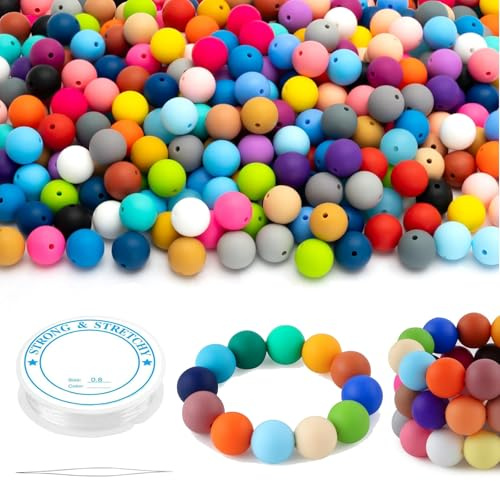 100 Pcs 15mm Silicone Beads - with Nylon Rope, Bead Needles, for Bracelet DlY Necklace Crafts Bead Keychain Making