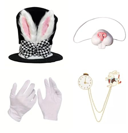 MIMIKRY Zubehör Set Märzhase Zylinder-Hut mit Hasenohren und Schleife Handschuhe Mund Zähne Uhr Alice im Wunderland Hase Kaninchen-Ohren