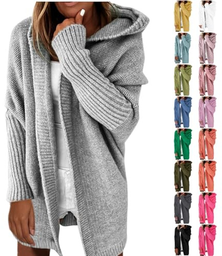 Strickjacke Damen Lang Grobstrick Cardigan mit Kapuze Herbst Winter Pullover Jacke Locker Strickpullover Open Front Kapuzenpullover Einfarbig Langarm Strickmantel Casual Grobstrickjacke Wintermäntel