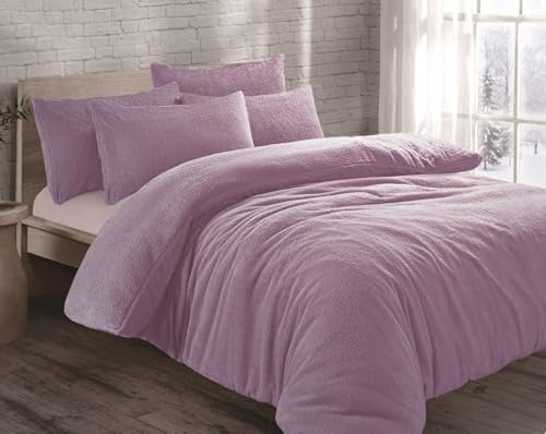 Teddy Bear Fleece Thermal Warm Cosy Soft Fur Duvet Cover Set With Pillow Cases (Lilac, Single)