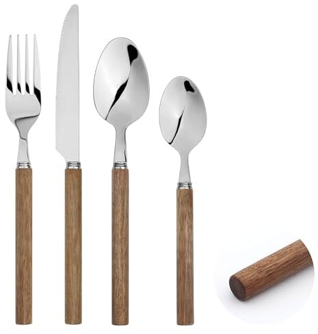 Cutlery Set 24-Piece Stainless Steel Fork Spoon Acacia Wood Handle