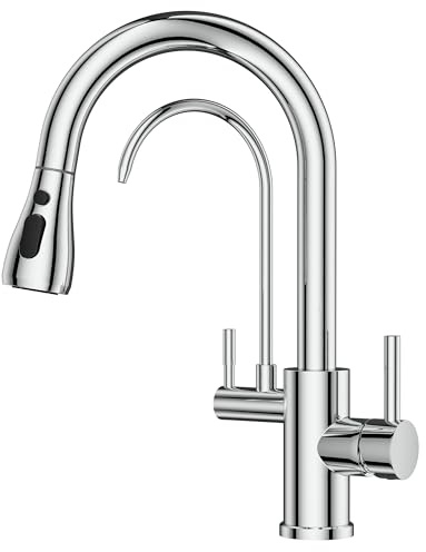 FORIOUS Kitchen Tap, 3 Way Kitchen Tap, 360° Swivel High Arc Dual Handle Water Filter Faucet with Pull Out Soray, Polished Chrome
