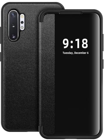Handyhülle für Samsung Galaxy Note 10 Plus Hülle S View Flip Case, Transluzente Flip Handy Tasche Case, Weich Silikon Bumper 360 Grad Kratzfest Stoßfest Schutzhülle für Samsung Note 10 Plus (Schwarz)