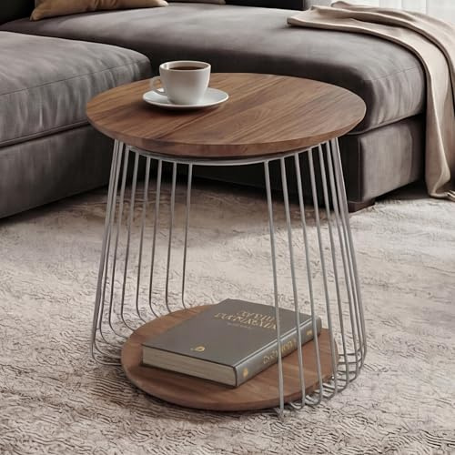 MCA Couchtisch HWC-P60 Metall MDF rund Ø 50cm - braun | Beistelltisch, Kaffeetisch, Loungetisch