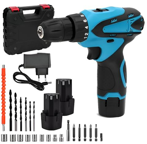 Trapano Avvitatore Elettrico 12V a Batteria con Percussione – Kit con 2 Batterie, 12 Punte, 10 Bussole, Albero Flessibile, Valigetta