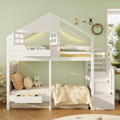 BTM Kids Bunk Bed, Children's Loft Bed with Fall Protection, Storage Stairs and Window, White 3FT-90x190cm, No Mattress