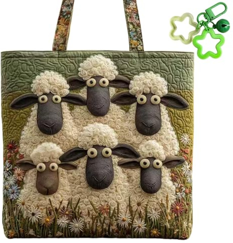 Ruhemeister Pro 2026 Neu Tragetasche mit Schaf, Schäfchen Tasche, Handarbeit Tasche mit Schafen, Lustige Schafmotiv Stickerei Gesteppte Einkaufstasche, für Tierliebhaber, Gepolstertem Griff