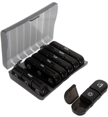 Tablettlåda 7 dagar 3 fack per dag Svart med pincett | ABS veckobox med sju dagsbehållare och ytterhölje storlek 15,6 x 12 x 4 cm för vardag kontor och resor