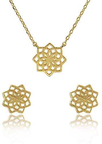 namana Mandala Set mit Anhänger & Halskette & Ohrstecker, gebürstetes Finish verschiedene Gold und Silber Finish, geometrisches Schmuckset für Damen, Ohrringe und Pendant