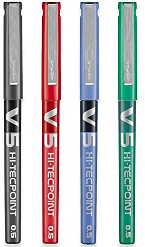 PILOT - Caja de 4 V5 - Bolígrafos roller con tinta líquida - Punta de aguja Fina para Escritura Suave y Precisa - Secado rápido, antimanchas - Negro, Azul, Rojo, Verde - Punta Fina (0,5mm)