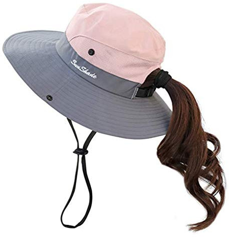 Fueerton Chapeau d'été en maille à large bord pour femme avec trou pour queue de cheval (Rose), rose, Taille Unique