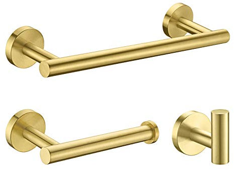 Nolimas Lot de 3 Accessoires de Salle de Bain Ronds en Acier Inoxydable SUS304 doré brossé avec Barre Porte-Serviette de 30,5 cm, Porte-Papier Toilette, Crochets pour Peignoir, kit d'accessoires de