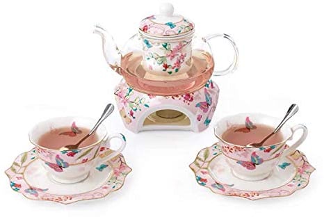 YBK Tech Bone China Coffee Pot Teapot Cup& Saucer Set with Warmer and Tea Infuser - Butterflies Design (Tea for 2)