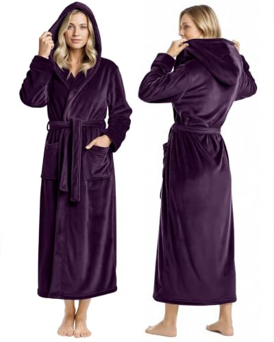 NY Threads Damen-Bademantel aus Fleece, mit Kapuze, lang, Pflaume, X-Large
