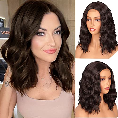 PORSMEER Perücke Braun Damen Kurze Bob Locken Perücken für Frauen Natürliche Synthetische Haare Mittelteil Kleines Stück Spitze Perücke Party/Kostüm Lace Front Wig