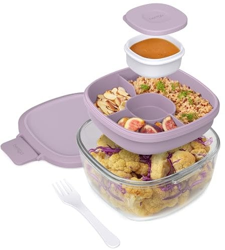 Bentgo Glass All-in-One Salad Container - Large 61-oz Salad Bowl with Lid, 4-Compartment Bento-Style Tray, 3-oz Sauce Container, and Reusable Fork - Dishwasher, Microwave, and Oven Safe (Lavender)