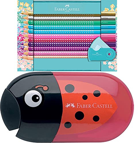 Faber-Castell 201641 - Geschenkset Sparkle, 20 Buntstifte und Eine Sleeve Spitzdose Mini + 183526 - Doppelspitzdose Käfer Inklusiv Radierer