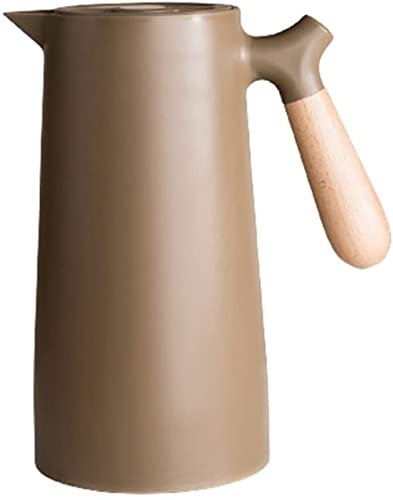 Ailovone Thermoskanne Isolierkanne Kaffeekanne Teekanne Wasserkanne mit Holzgriff 1 Liter Edelstahl Doppelwandig Isolierkanne für den Haushalt Haushaltsglas-Liner für Kaffee Tee Wasser (Braun)