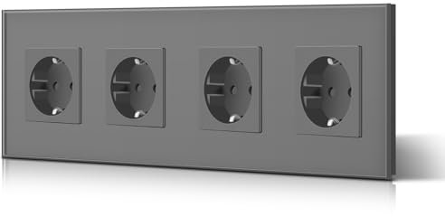 BSEED Schuko Steckdose Glas 4 Fach Kristallglas Platte Steckdose Verlängerungssteckdosen 299mm 16Amp AC Power 240V Wandsteckdose Grau