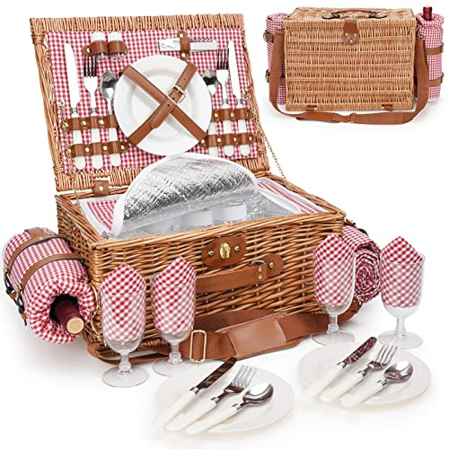 Picnic basket for 4, insulated willow picnic baskets with shoulder strap, picnic basket with waterproof picnic blanket, handmade wicker basket for outdoors, great gift for