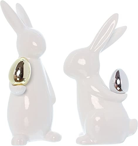Dekoleidenschaft 2X Osterhase Classical aus Porzellan, weiß mit Osterei in Gold & Silber, Hasen 20 + 23 cm hoch, Dekofigur, Dekohase