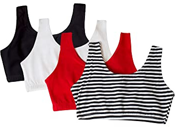 Fruit of the Loom Women's Built Up Tank Style Sports Bra Fashion Colors, Opaque, Skinny Stripe/Black Hue/Red Hot/White, 34 (Pack of 4)