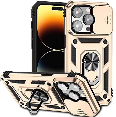 Hitaoyou Phone Case for iPhone 14 Pro Max, iPhone 14 Pro Max Case with Camera Cover & Kickstand Military Grade Shockproof Heavy Duty Protective with Magnetic Car Mount Holder Cover Gold