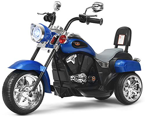 COSTWAY 6V Elektro Motorrad Kinder mit verstellbaren Scheinwerfer, Dreirad Elektromotorrad mit Sound ｜ Hupe ｜ Rückspiegel ｜ Pedale, Geschwindigkeit 2,5-3 km/h (Blau)