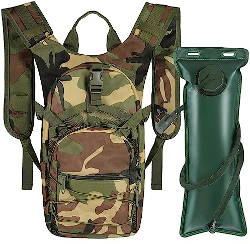 Outplea Taktischer Trinkrucksack mit 3L Trinkblase, Mehrtaschen Fahrradrucksack mit Wasserblase, Militär Tagesrucksack für Wandern Laufen Camping, Dschungel Camo